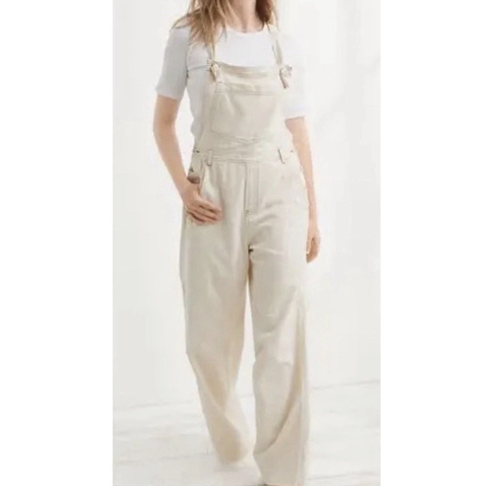 Aerie Wide Leg Bib with Contrast Stitch Overalls Cream Off White Size S